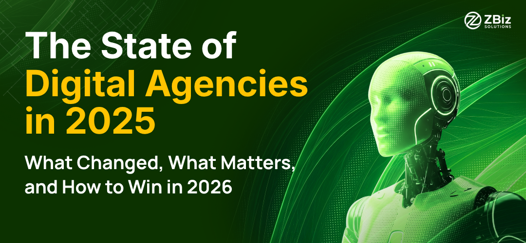 A promotional banner titled "The State of Digital Agencies in 2025" focusing on how to succeed in the digital agency industry in 2026.